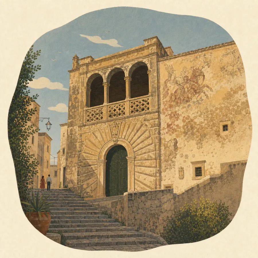 Die strahlenförmige Rustika, die durchbrochene Loggia und erhaltene Malspuren