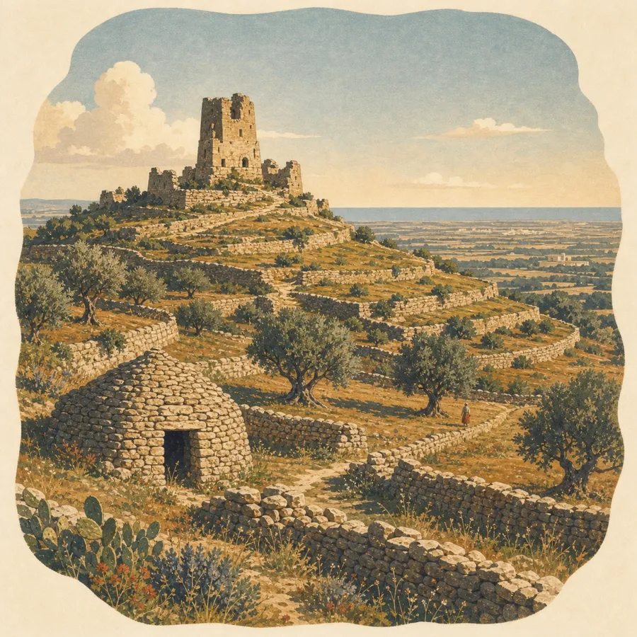 Die vielschichtige Steinlandschaft und die Ruine des Aussichtspostens